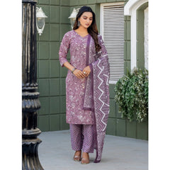 Mayawye Women's Cotton Blend Printed Kurti With Pant Dupatta Set (Lavender)