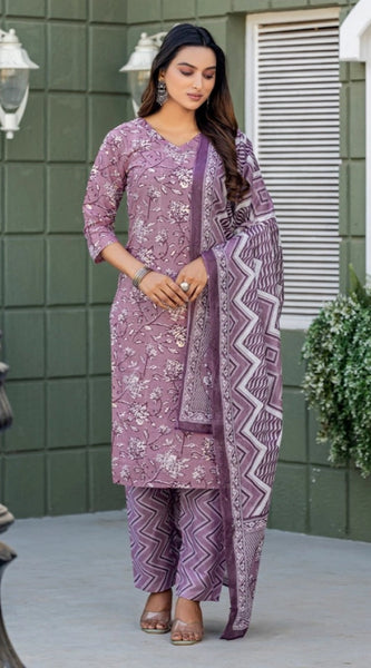 Mayawye Women's Cotton Blend Printed Kurti With Pant Dupatta Set (Lavender)
