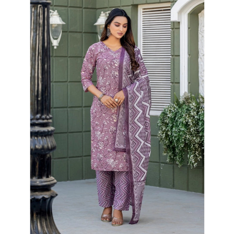 Mayawye Women's Cotton Blend Printed Kurti With Pant Dupatta Set (Lavender)