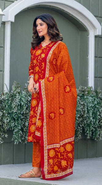 Mayawye Women's Cotton Blend Printed Kurti With Pant Dupatta Set (Maroon)