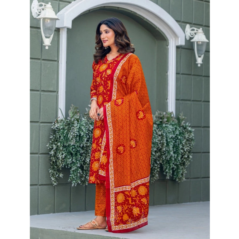 Mayawye Women's Cotton Blend Printed Kurti With Pant Dupatta Set (Maroon)
