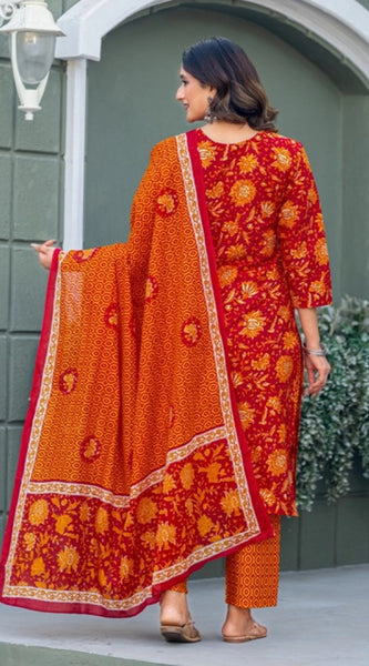 Mayawye Women's Cotton Blend Printed Kurti With Pant Dupatta Set (Maroon)