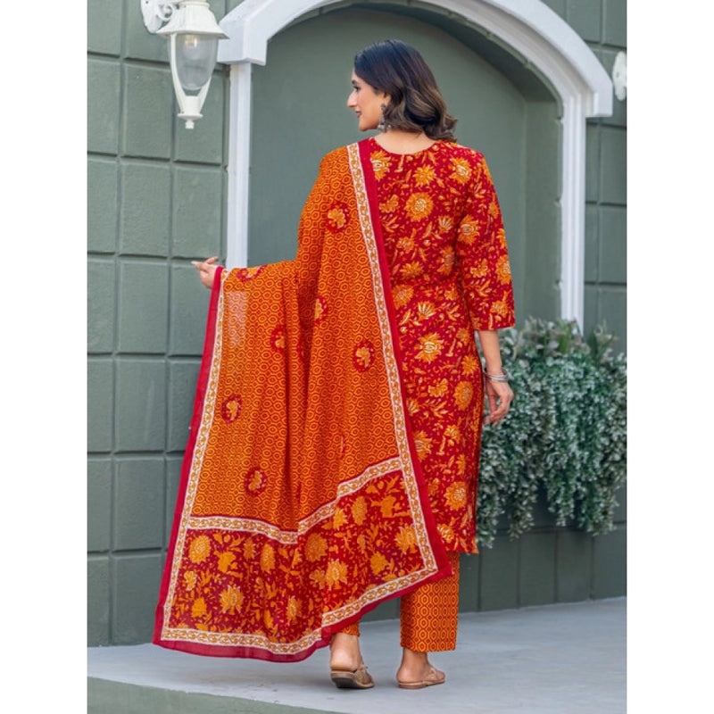 Mayawye Women's Cotton Blend Printed Kurti With Pant Dupatta Set (Maroon)