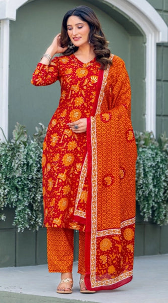 Mayawye Women's Cotton Blend Printed Kurti With Pant Dupatta Set (Maroon)