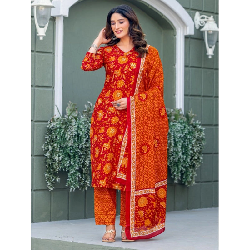 Mayawye Women's Cotton Blend Printed Kurti With Pant Dupatta Set (Maroon)