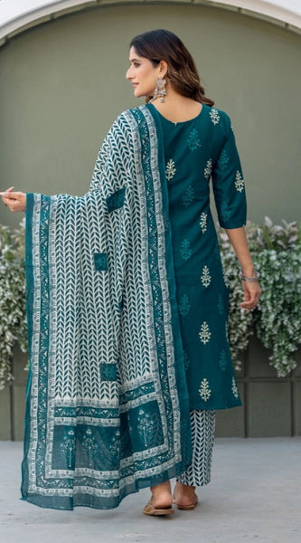 Mayawye Women's Cotton Blend Printed Kurti With Pant Dupatta Set (Morpichh)