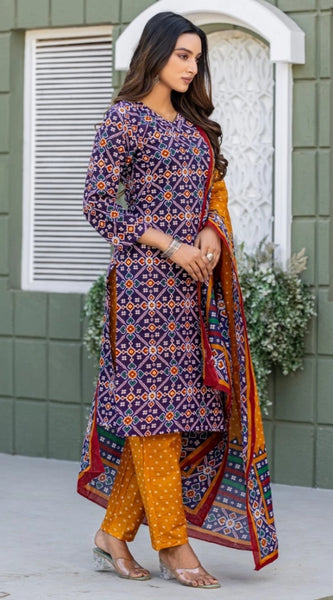 Mayawye Women's Cotton Blend Printed Kurti With Pant Dupatta Set (Navy Blue)