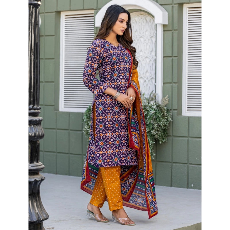 Mayawye Women's Cotton Blend Printed Kurti With Pant Dupatta Set (Navy Blue)
