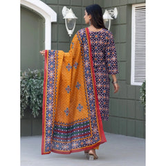 Mayawye Women's Cotton Blend Printed Kurti With Pant Dupatta Set (Navy Blue)