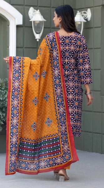 Mayawye Women's Cotton Blend Printed Kurti With Pant Dupatta Set (Navy Blue)
