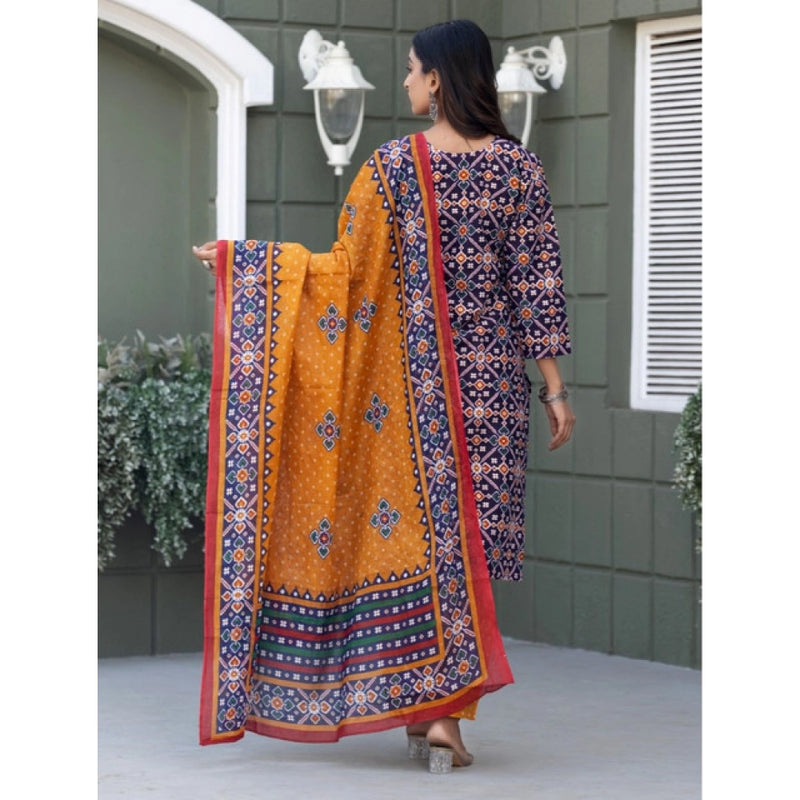 Mayawye Women's Cotton Blend Printed Kurti With Pant Dupatta Set (Navy Blue)