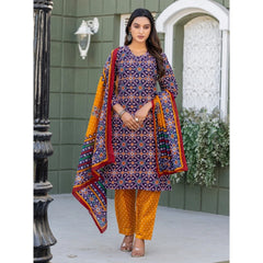 Mayawye Women's Cotton Blend Printed Kurti With Pant Dupatta Set (Navy Blue)