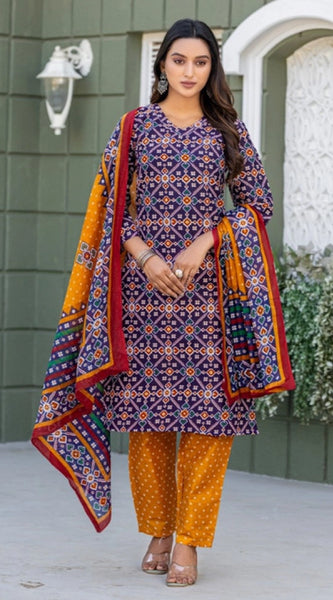 Mayawye Women's Cotton Blend Printed Kurti With Pant Dupatta Set (Navy Blue)