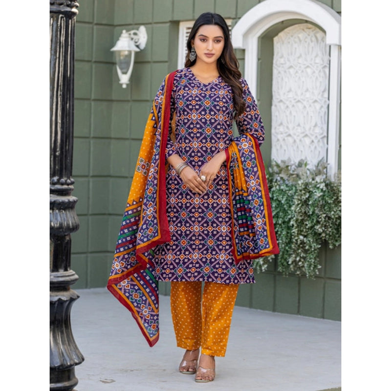 Mayawye Women's Cotton Blend Printed Kurti With Pant Dupatta Set (Navy Blue)