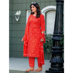 Mayawye Women's Cotton Blend Printed Kurti With Pant Dupatta Set (Orange)