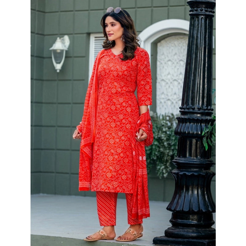 Mayawye Women's Cotton Blend Printed Kurti With Pant Dupatta Set (Orange)