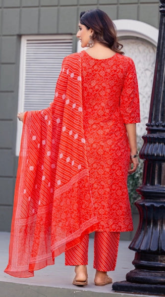 Mayawye Women's Cotton Blend Printed Kurti With Pant Dupatta Set (Orange)