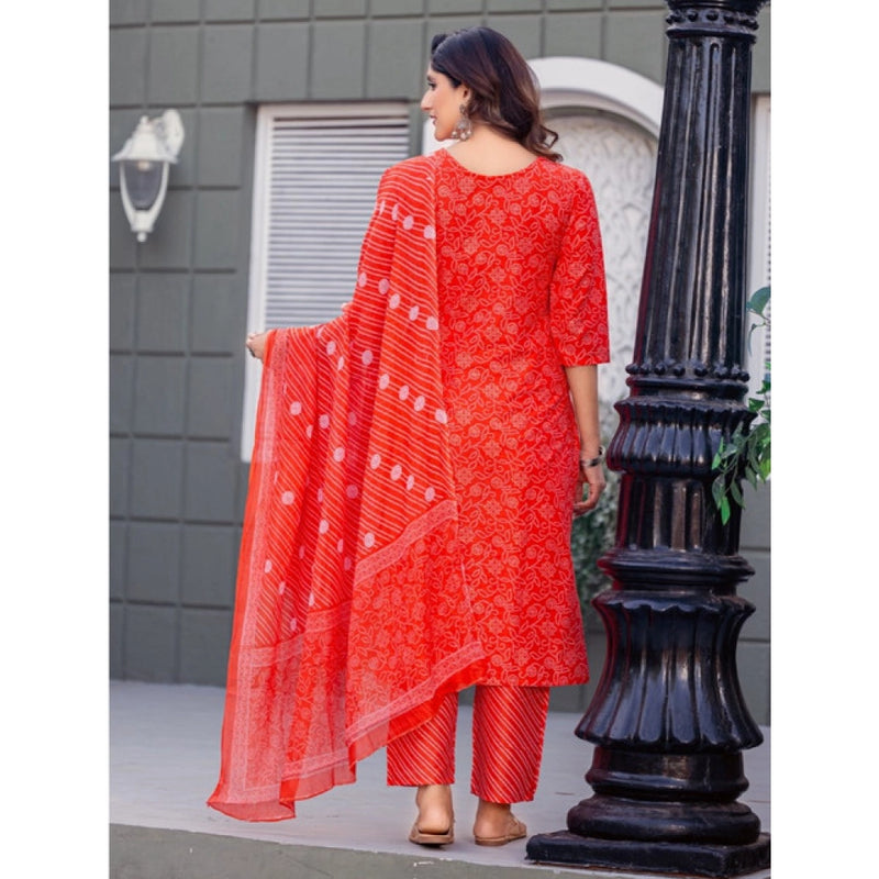 Mayawye Women's Cotton Blend Printed Kurti With Pant Dupatta Set (Orange)