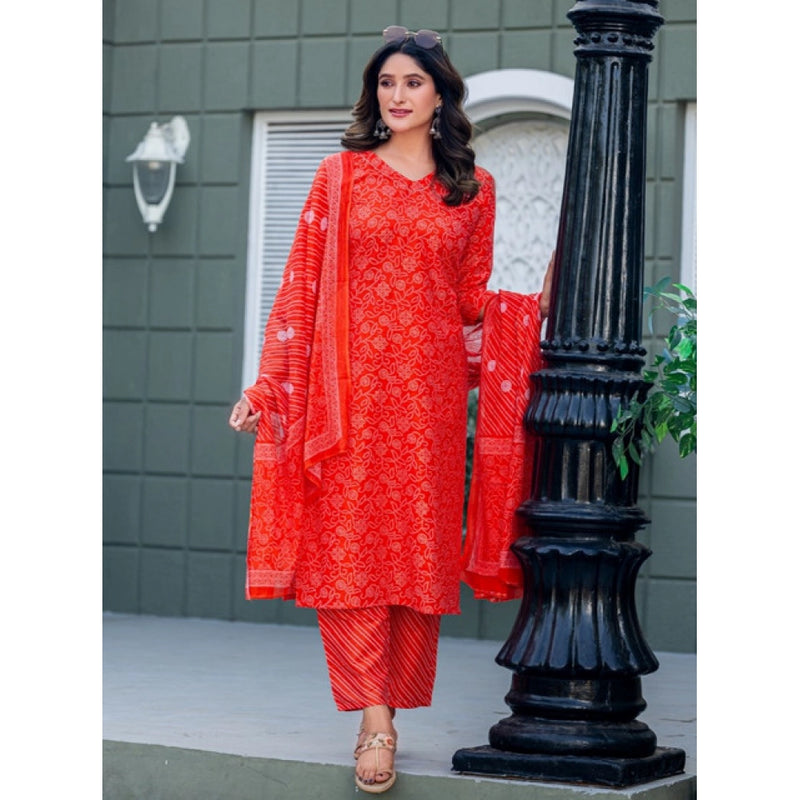 Mayawye Women's Cotton Blend Printed Kurti With Pant Dupatta Set (Orange)