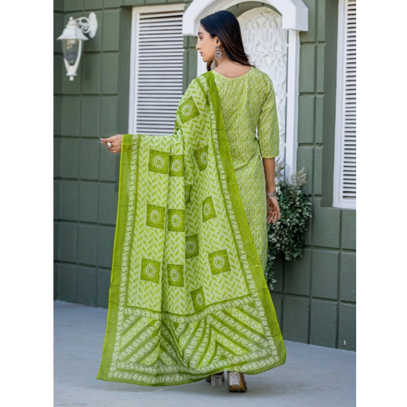 Mayawye Women's Cotton Blend Printed Kurti With Pant Dupatta Set (Parrot)