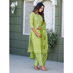Mayawye Women's Cotton Blend Printed Kurti With Pant Dupatta Set (Parrot)