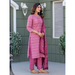 Mayawye Women's Cotton Blend Printed Kurti With Pant Dupatta Set (Pink)