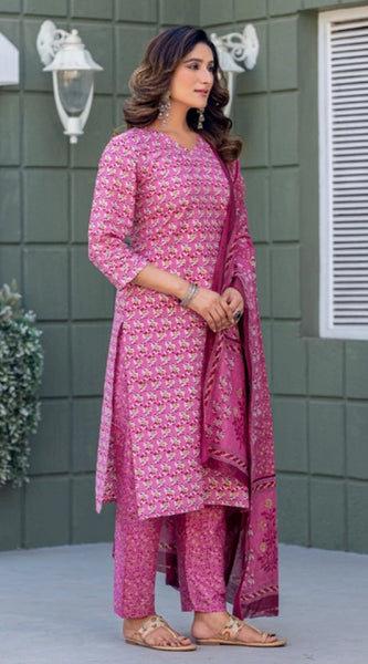 Mayawye Women's Cotton Blend Printed Kurti With Pant Dupatta Set (Pink)