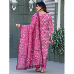 Mayawye Women's Cotton Blend Printed Kurti With Pant Dupatta Set (Pink)