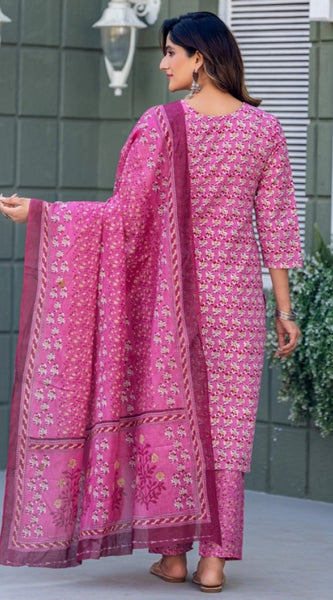 Mayawye Women's Cotton Blend Printed Kurti With Pant Dupatta Set (Pink)