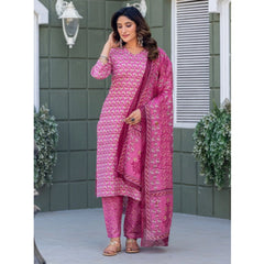 Mayawye Women's Cotton Blend Printed Kurti With Pant Dupatta Set (Pink)