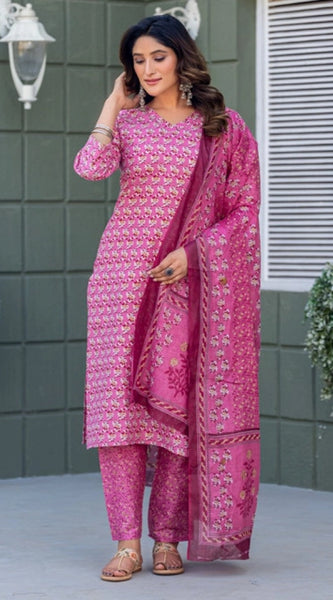 Mayawye Women's Cotton Blend Printed Kurti With Pant Dupatta Set (Pink)