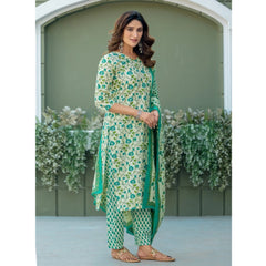 Mayawye Women's Cotton Blend Printed Kurti With Pant Dupatta Set (Pista)