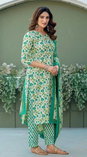 Mayawye Women's Cotton Blend Printed Kurti With Pant Dupatta Set (Pista)