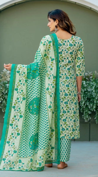 Mayawye Women's Cotton Blend Printed Kurti With Pant Dupatta Set (Pista)