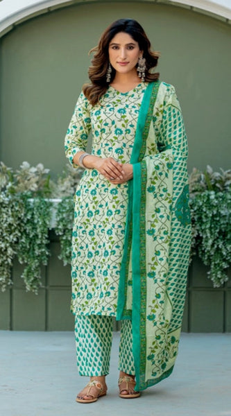 Mayawye Women's Cotton Blend Printed Kurti With Pant Dupatta Set (Pista)