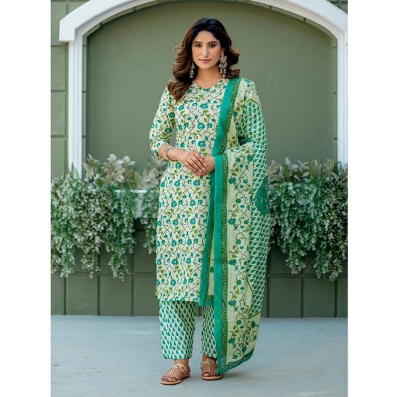 Mayawye Women's Cotton Blend Printed Kurti With Pant Dupatta Set (Pista)
