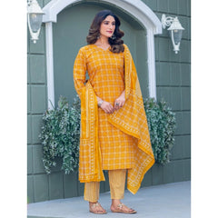Mayawye Women's Cotton Blend Printed Kurti With Pant Dupatta Set (Yellow)