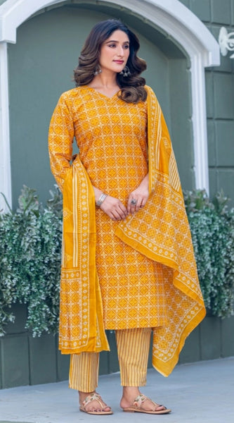 Mayawye Women's Cotton Blend Printed Kurti With Pant Dupatta Set (Yellow)