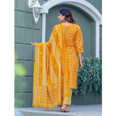 Mayawye Women's Cotton Blend Printed Kurti With Pant Dupatta Set (Yellow)