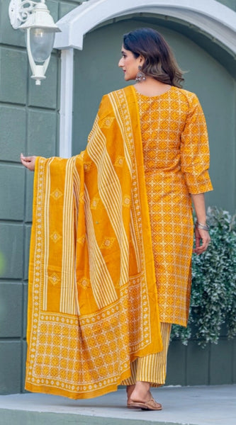 Mayawye Women's Cotton Blend Printed Kurti With Pant Dupatta Set (Yellow)