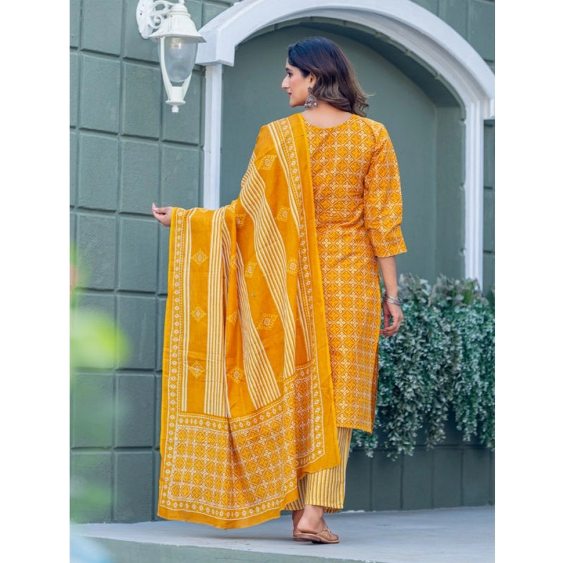 Mayawye Women's Cotton Blend Printed Kurti With Pant Dupatta Set (Yellow)
