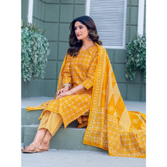 Mayawye Women's Cotton Blend Printed Kurti With Pant Dupatta Set (Yellow)