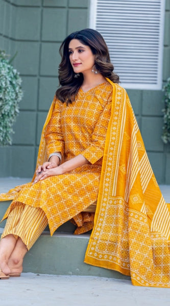 Mayawye Women's Cotton Blend Printed Kurti With Pant Dupatta Set (Yellow)