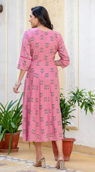 Mayawye Women's Rayon  Print With Embroidery Work A-Line Kurti (Wine)