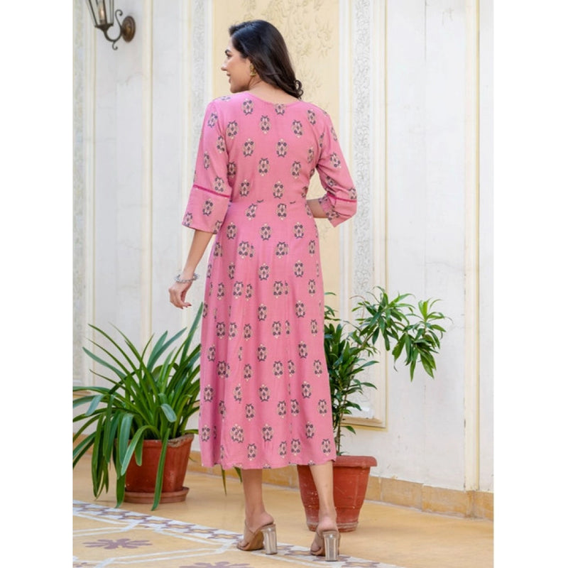 Mayawye Women's Rayon  Print With Embroidery Work A-Line Kurti (Wine)
