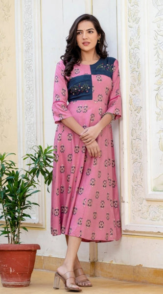 Mayawye Women's Rayon  Print With Embroidery Work A-Line Kurti (Wine)
