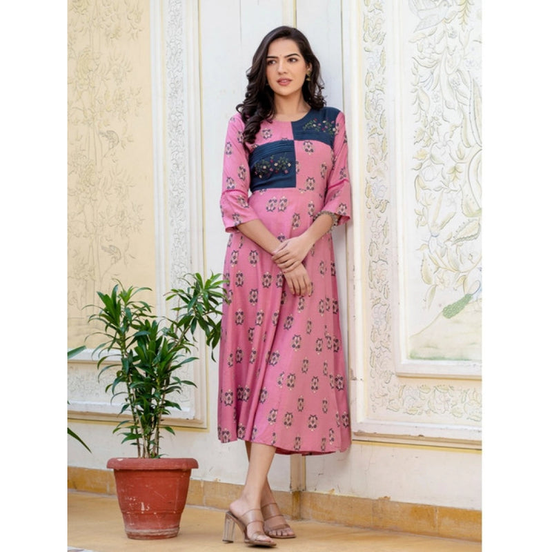 Mayawye Women's Rayon  Print With Embroidery Work A-Line Kurti (Wine)