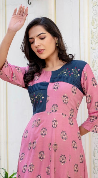 Mayawye Women's Rayon  Print With Embroidery Work A-Line Kurti (Wine)