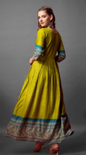 Mayawye Women's Cotton Blend Printed Anarkali Gown (Green)