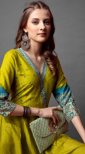 Mayawye Women's Cotton Blend Printed Anarkali Gown (Green)
